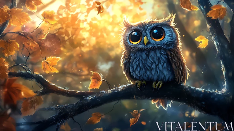 Cute Big-Eyed Owl on Autumn Branch, Whimsical Digital Art.