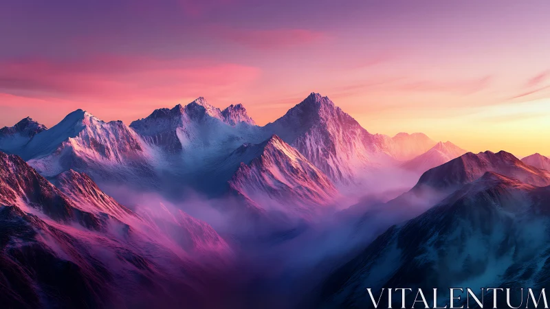 Snowy mountain range under pink and orange sunrise.