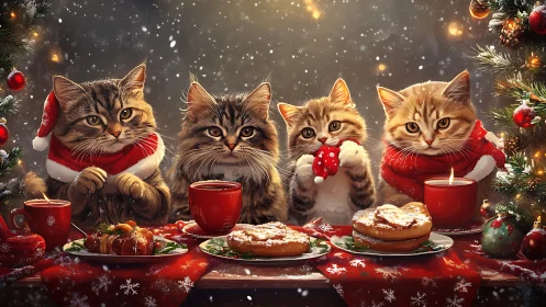 Four Festive Cats Celebrate Christmas Dinner Together.