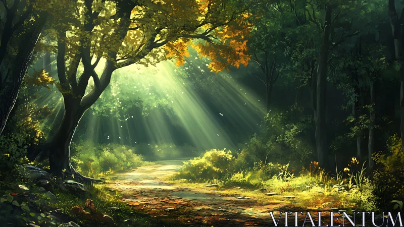 Forest pathway with volumetric light and autumn foliage.