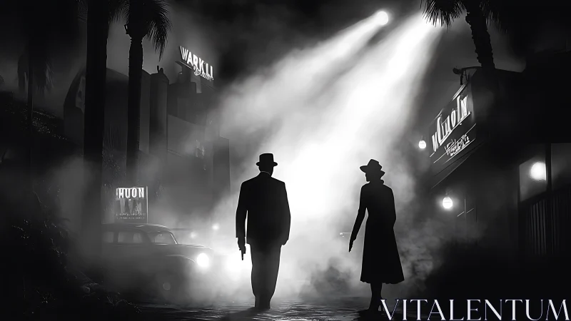 Noir silhouettes stride through fog-drenched neon street.