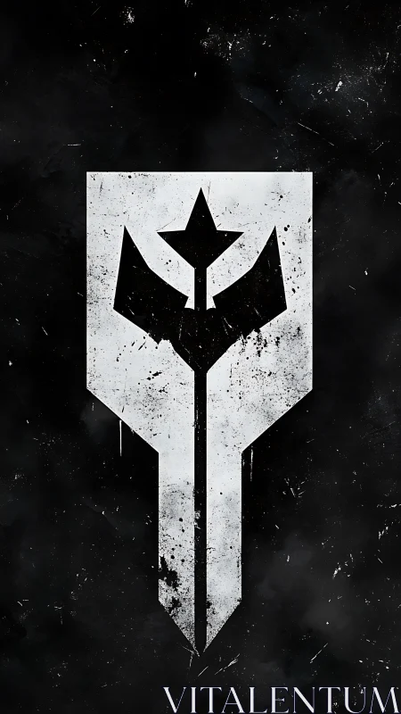 Angular monochrome emblem with grunge distressing and high contrast
