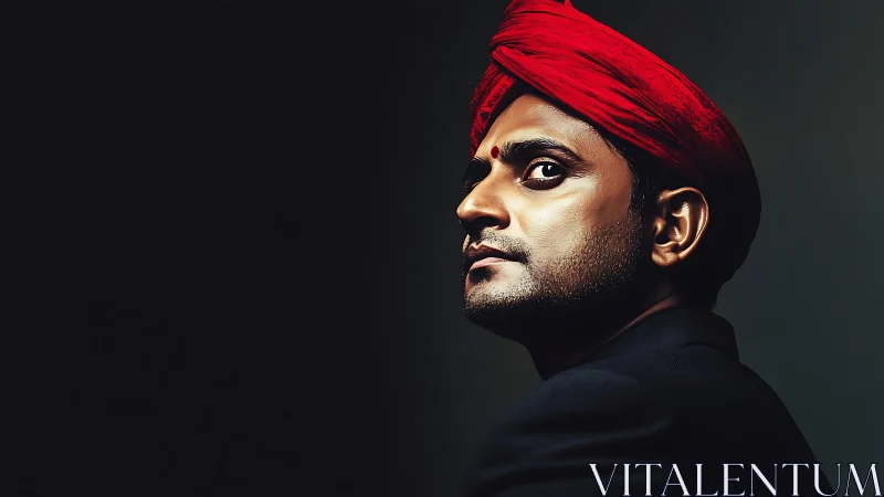 Portrait of man in red turban against dark background.