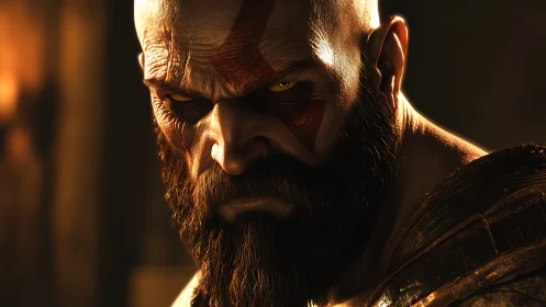 Cinematic close-up of scarred warrior rendered in 3D lighting.