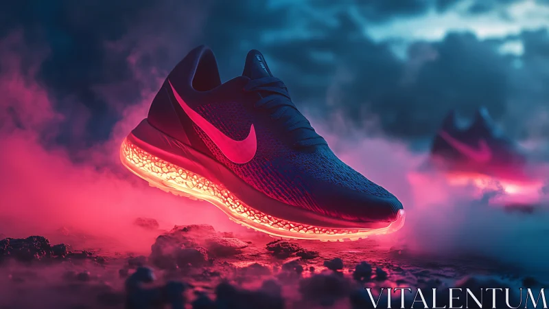 Cyberpunk sneaker hero shot with neon underglow illumination.