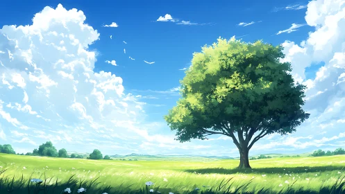 Isolated deciduous tree in luminous atmospheric perspective field.