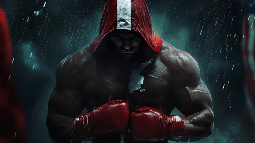 Athletic boxer in red hood ready for combat under dramatic rainfall.