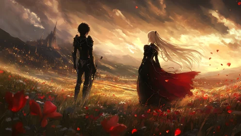 Two armored figures overlook sunset valley and distant citadel