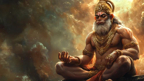 Radiant warrior sage sits in calm strength amid glowing clouds