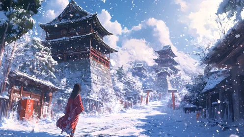 Snowbound Japanese temple path under clear winter sky.