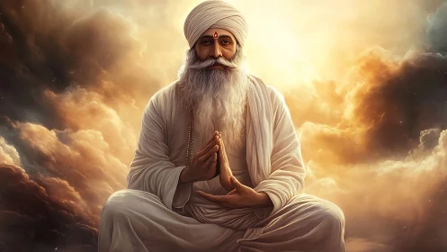 Golden robed guru meditates within radiant storm clouds.
