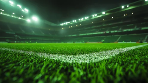 Football stadium corner line under floodlit night conditions.