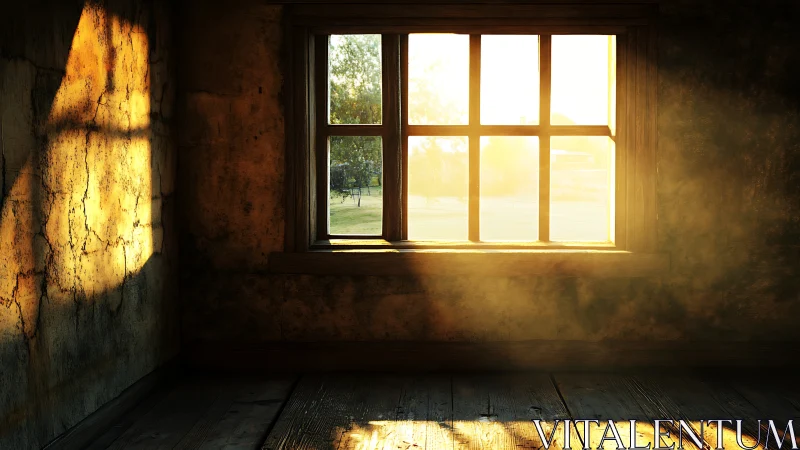 Golden morning light pouring gently through an old window.
