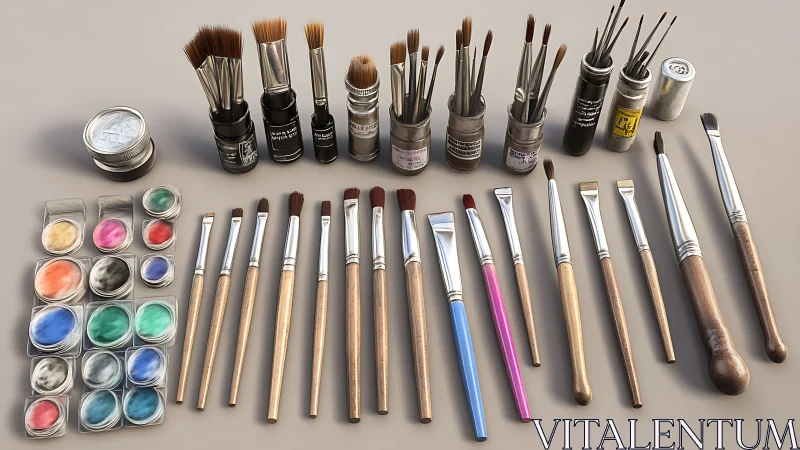 Photorealistic studio layout of assorted paintbrush tools.