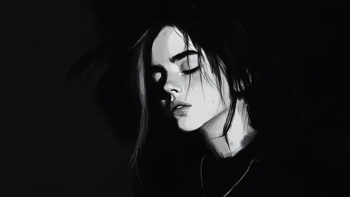 Monochrome portrait of serene woman in deep shadowed silence.