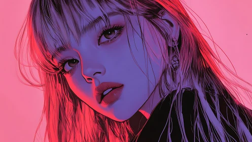 Neon-lit portrait amplifies bold cyan and magenta contrast.