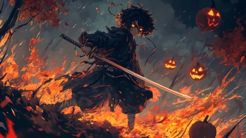 Sword-wielding dark figure amid fire and floating pumpkins.
