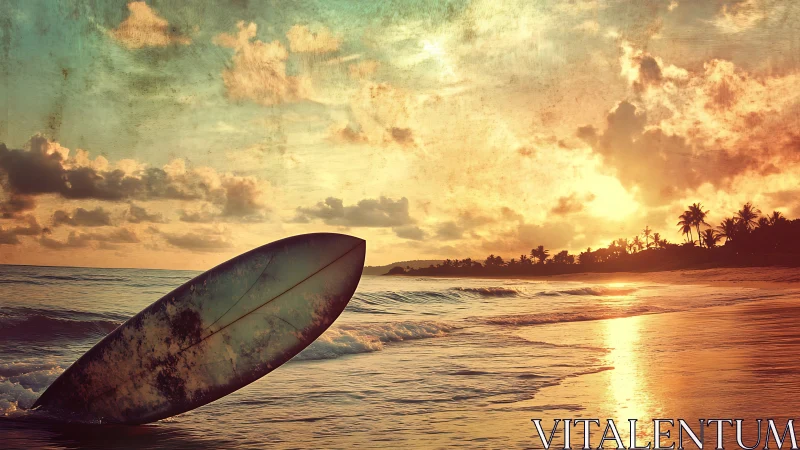 Sunset surfboard resting quietly along a glowing shore.