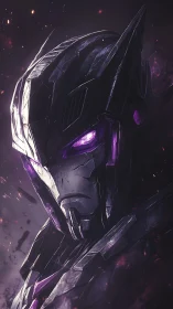 Cybernetic warlord portrait with violet emissive optics detail.