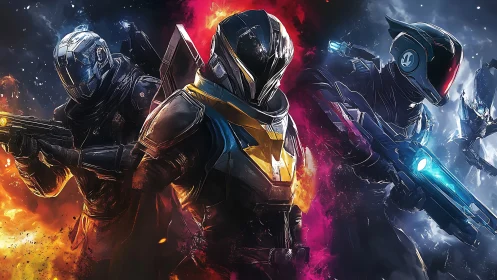 Tri-vector exosuit operatives amid elemental combat fields.