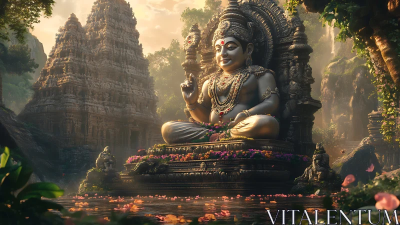 Golden deity statue in lush jungle temple sanctuary at dusk.