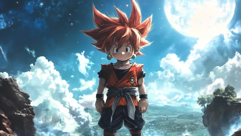 Spiky haired anime boy stands under bright full moon sky.