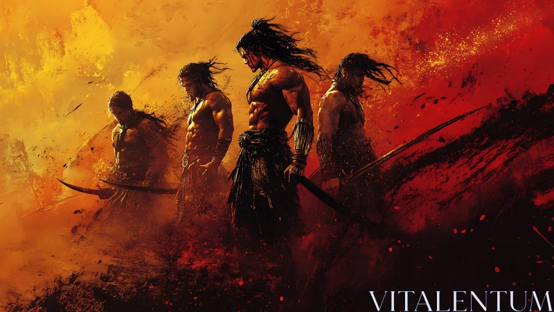 Four armed warriors in fiery abstract battlefield scene.