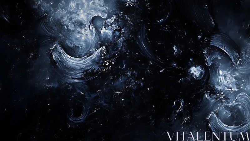 Abstract cosmic swirl in deep blue and white brushstroke style.