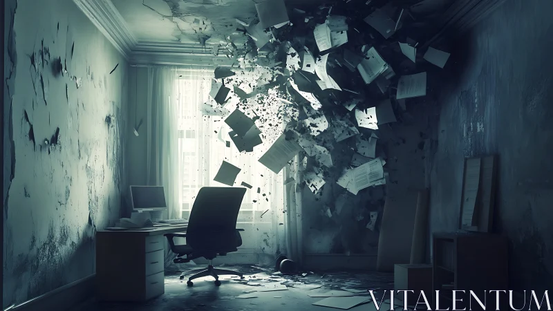 Paper storm rips a ghostly office into fractured silence