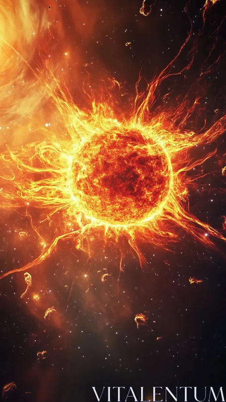 Digital painting of eruptive star with radial plasma flares.