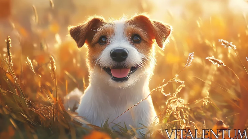 Joyful terrier dog in golden autumn field at sunset.