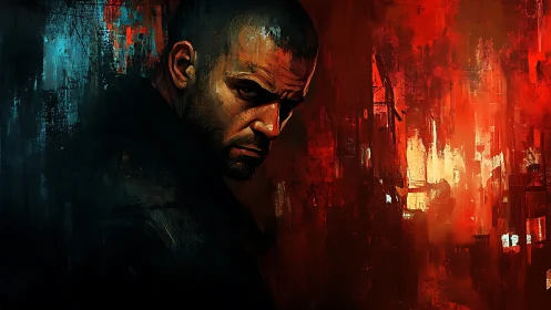Brooding man stares sideways against abstract red background