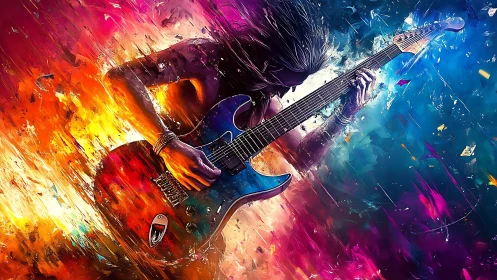 Electric guitar solo blazing through a storm of color.