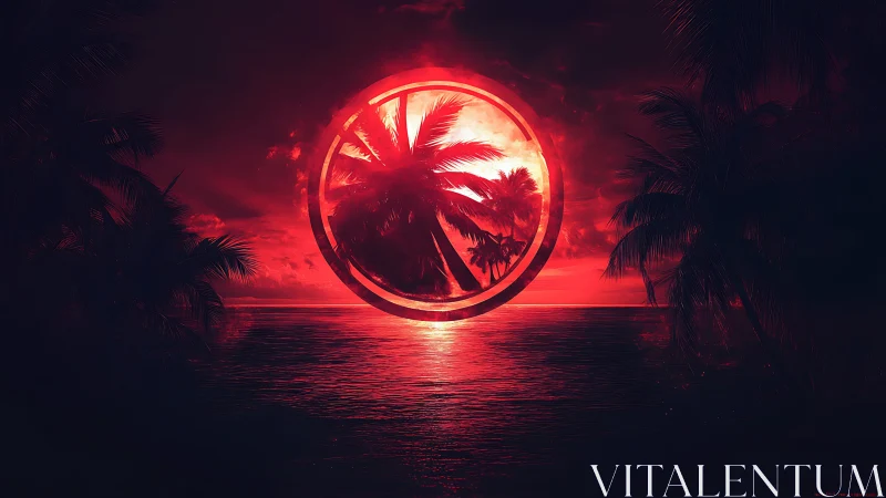 Neon red sunset circle frames silhouetted palm island