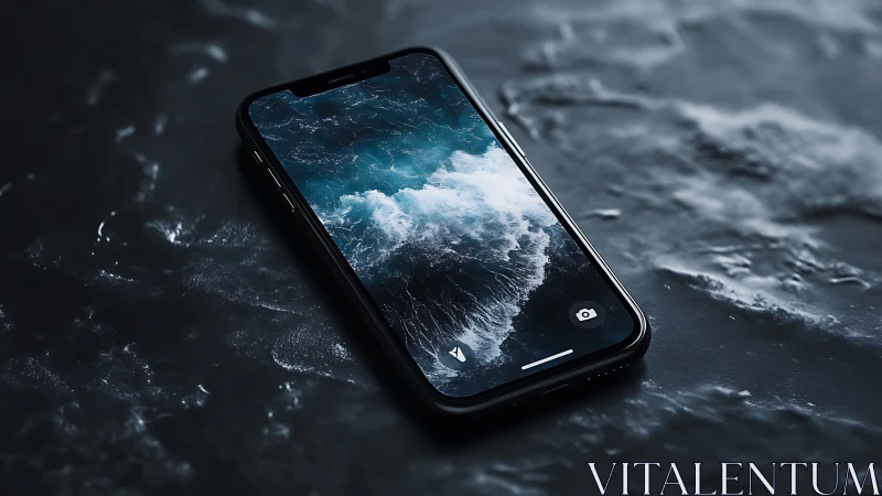 Smartphone with ocean screen on wet textured dark surface.