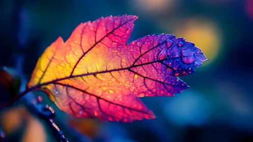 Color-drenched autumn leaf whispers in glowing raindrops