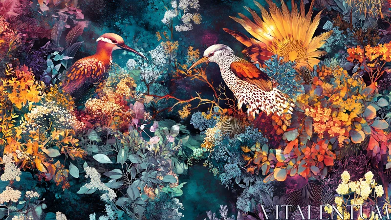Digital painting of tropical birds in lush chromatic flora.
