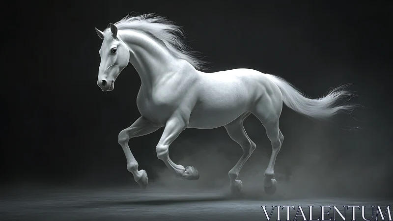 Galloping white stallion in cinematic low‑key dust haze.