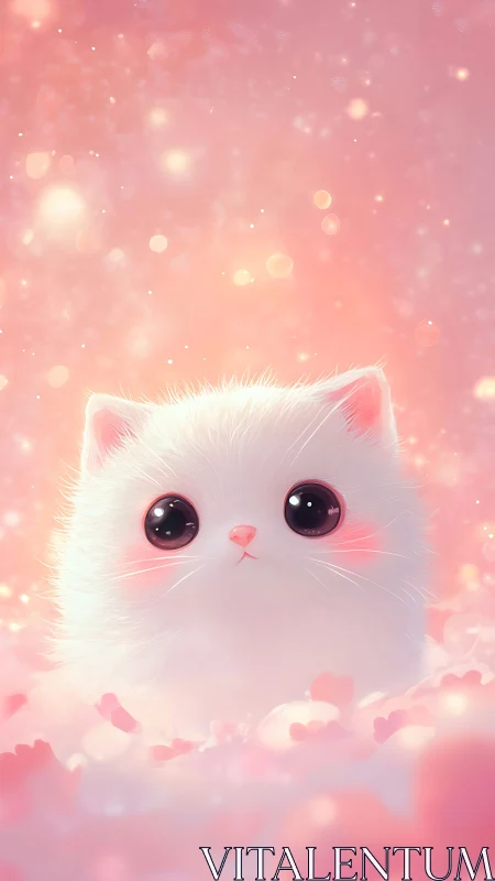 White cat illustration rendered with digital gradient and particle effects