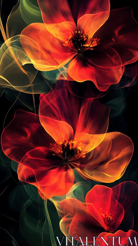 Spectral macro render of translucent red-orange floral forms.
