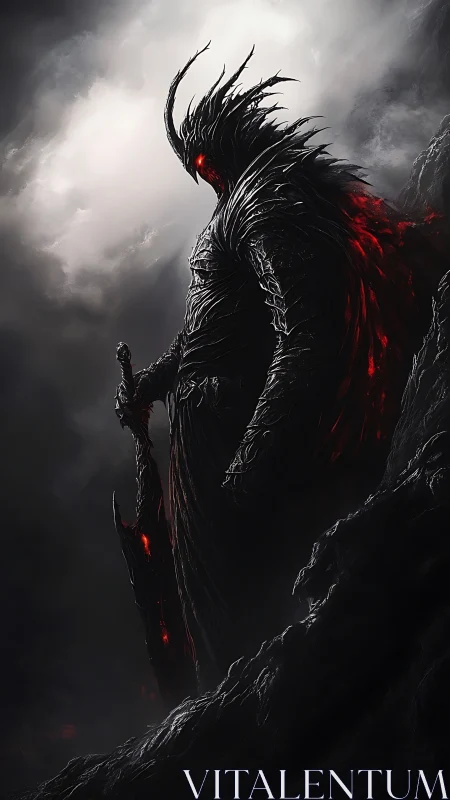 Obsidian demon warlord with molten sword on storm peak