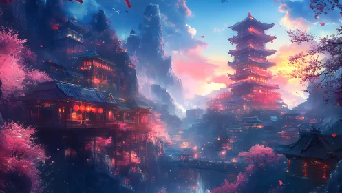 Mountain pagoda city under vivid dusk sky.