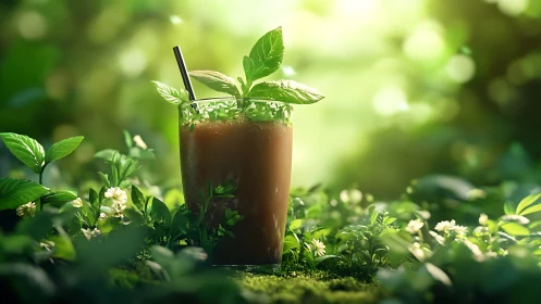 Dark Herbal Beverage in Garden Setting Captured.