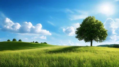 Sunlit green meadow welcomes a lone tree under bright skies