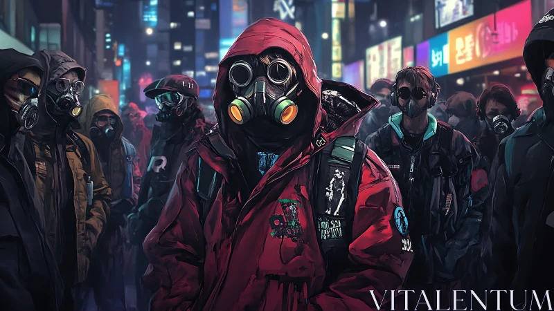 Hooded gas mask collective in neon cyberpunk streetscape.