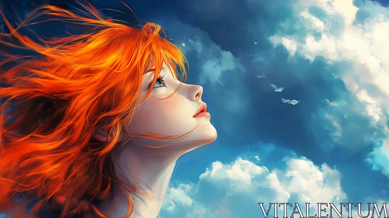Fiery red haired girl gazes toward radiant summer sky.