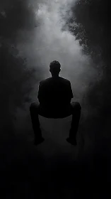 Silhouetted figure levitates inside dense monochrome void.