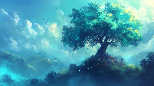 Luminescent hilltop tree under cinematic teal skyscape.