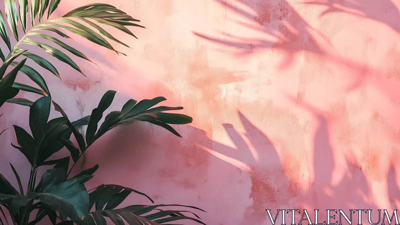 Palm foliage and shadows on textured pink plaster wall.