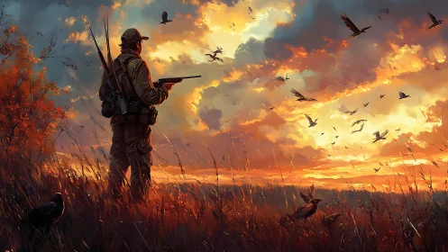 Solitary hunter watching birds under blazing sunset sky.